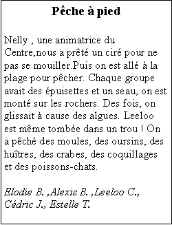 Zone de Texte: Pche  piedNelly , une animatrice du Centre,nous a prt un cir pour ne pas se mouiller.Puis on est all  la plage pour pcher. Chaque groupe avait des puisettes et un seau, on est mont sur les rochers. Des fois, on glissait  cause des algues. Leeloo est mme tombe dans un trou ! On a pch des moules, des oursins, des hutres, des crabes, des coquillages et des poissons-chats.Elodie B. ,Alexis B. ,Leeloo C.,  Cdric J., Estelle T.  