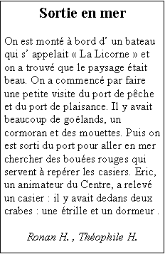 Zone de Texte: Sortie en merOn est mont  bord d un bateau qui s appelait  La Licorne  et on a trouv que le paysage tait beau. On a commenc par faire une petite visite du port de pche et du port de plaisance. Il y avait beaucoup de golands, un cormoran et des mouettes. Puis on est sorti du port pour aller en mer chercher des boues rouges qui servent  reprer les casiers. Eric, un animateur du Centre, a relev un casier : il y avait dedans deux crabes : une trille et un dormeur .  Ronan H. , Thophile H.