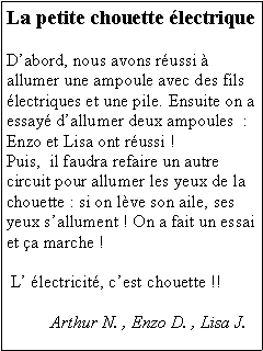 Zone de Texte: La petite chouette lectrique  Dabord, nous avons russi  allumer une ampoule avec des fils lectriques et une pile. Ensuite on a essay dallumer deux ampoules  : Enzo et Lisa ont russi !Puis,  il faudra refaire un autre circuit pour allumer les yeux de la chouette : si on lve son aile, ses yeux sallument ! On a fait un essai et a marche ! L lectricit, cest chouette !!          Arthur N. , Enzo D. , Lisa J.